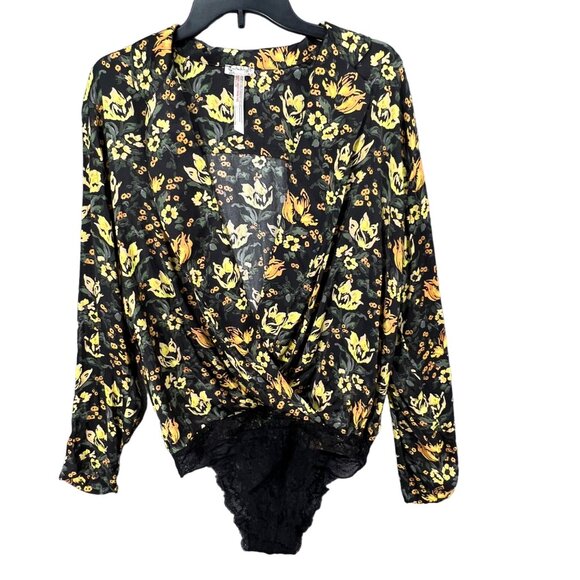 Free People Bodysuit Womens S Black Yellow Floral Intimately Elsa Wrap Plunging - Picture 2 of 16